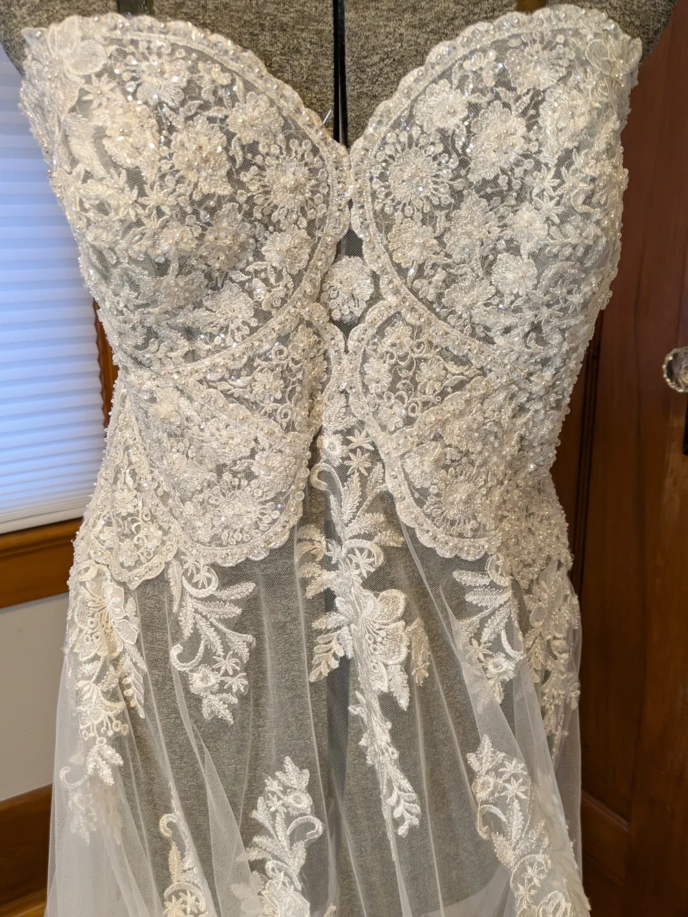 Ivory Beaded Bodice Bridal Overlay with Train and Floral Appliqué - Picture 4 of 12